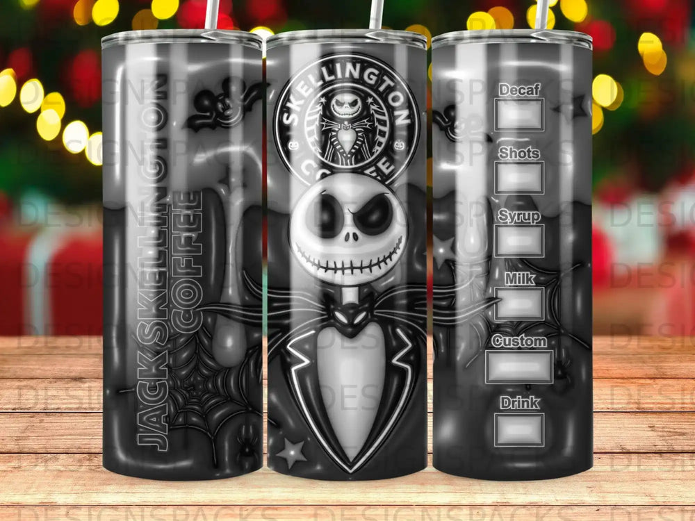 Jack Skellington coffee tumbler with a skeleton and tuxedo design.