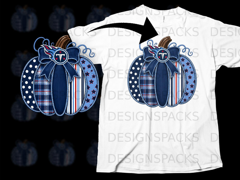 Fabric pumpkin with Tennessee Titans logo on a white t-shirt.
