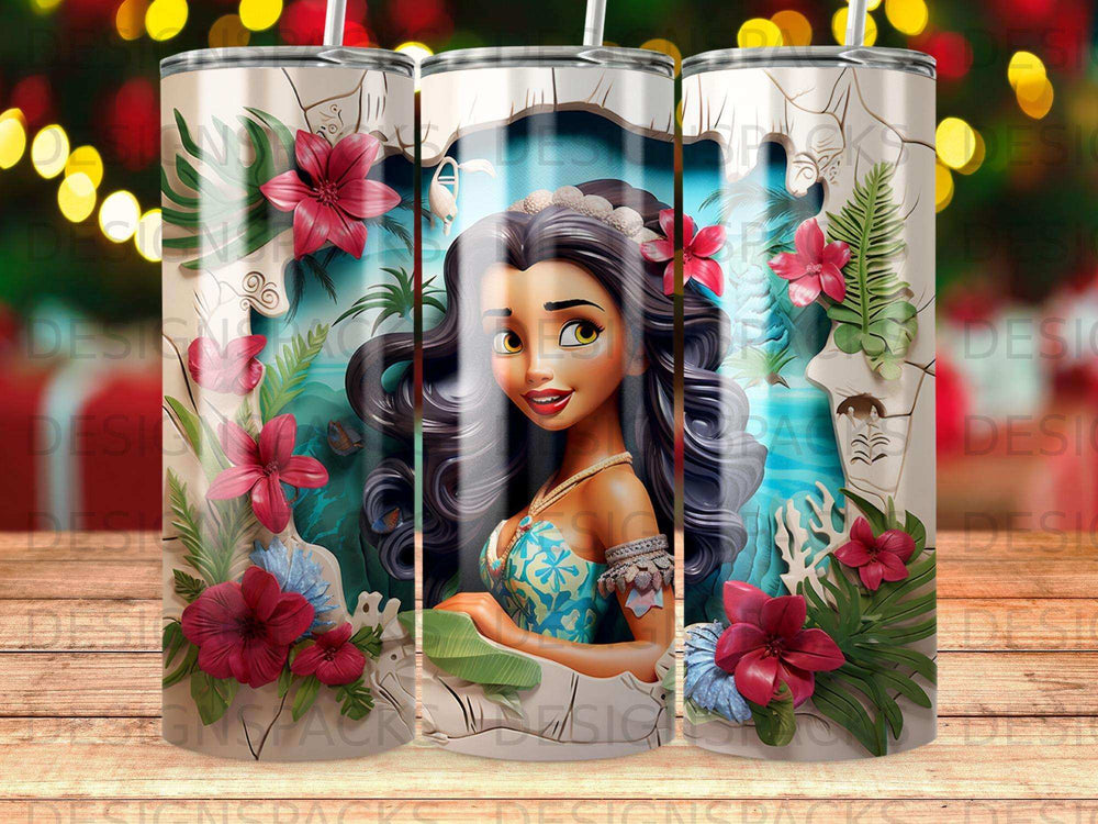 Cartoon woman with flowers and vines, tropical scene, teal and blue dress.