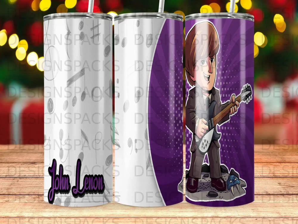 Cartoon John Lennon playing guitar, with "John Lennon" text.
