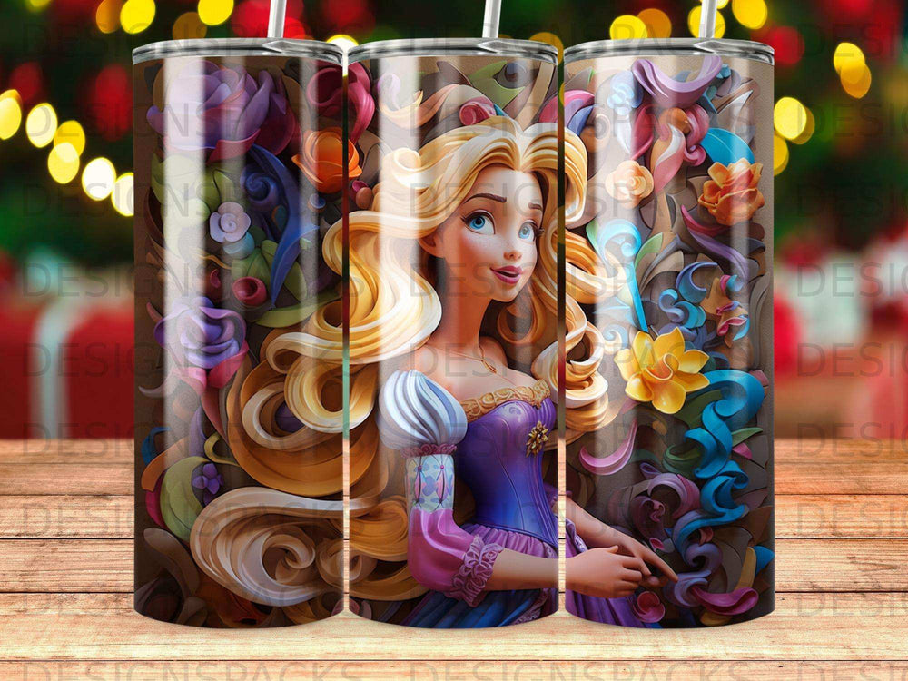 Rapunzel in purple dress surrounded by colorful flowers and vines.