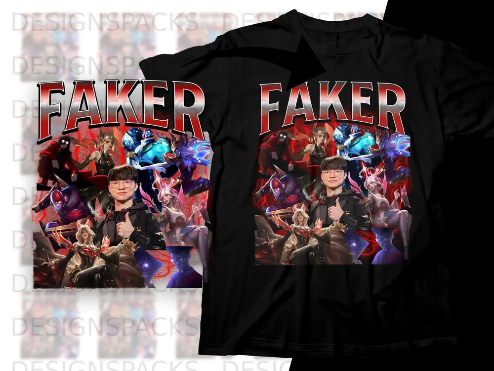 T-shirt design featuring Faker gaming characters and text.