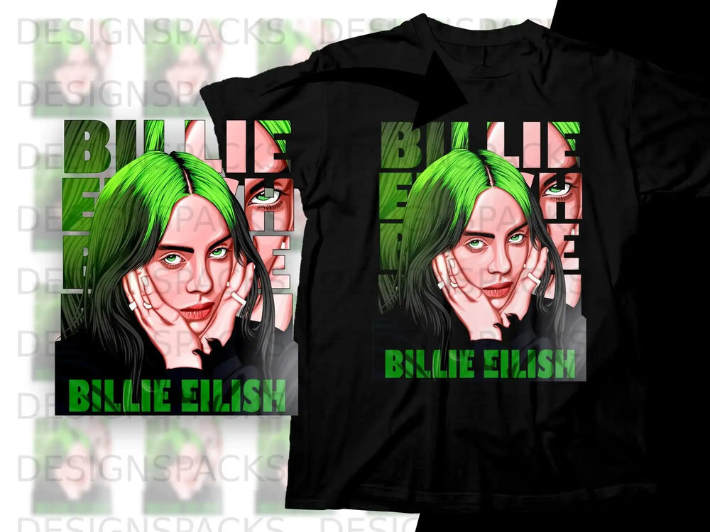 Billie Eilish portrait with "BILLIE EILISH" text on a black t-shirt.