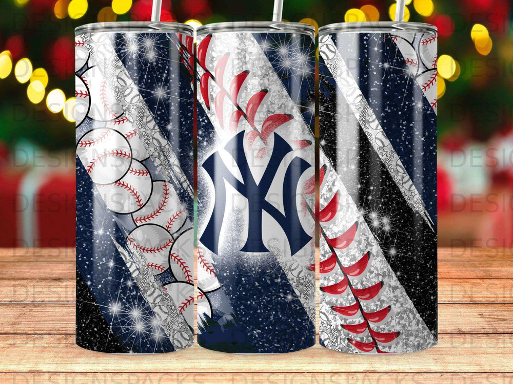 New York Yankees baseball tumbler with glitter and distressed background.