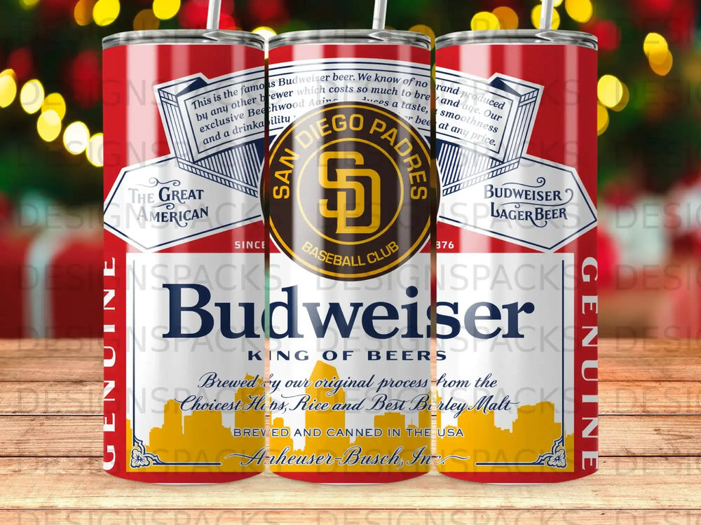 Budweiser beer can with Padres logo, "King of Beers" text, and red stripes.