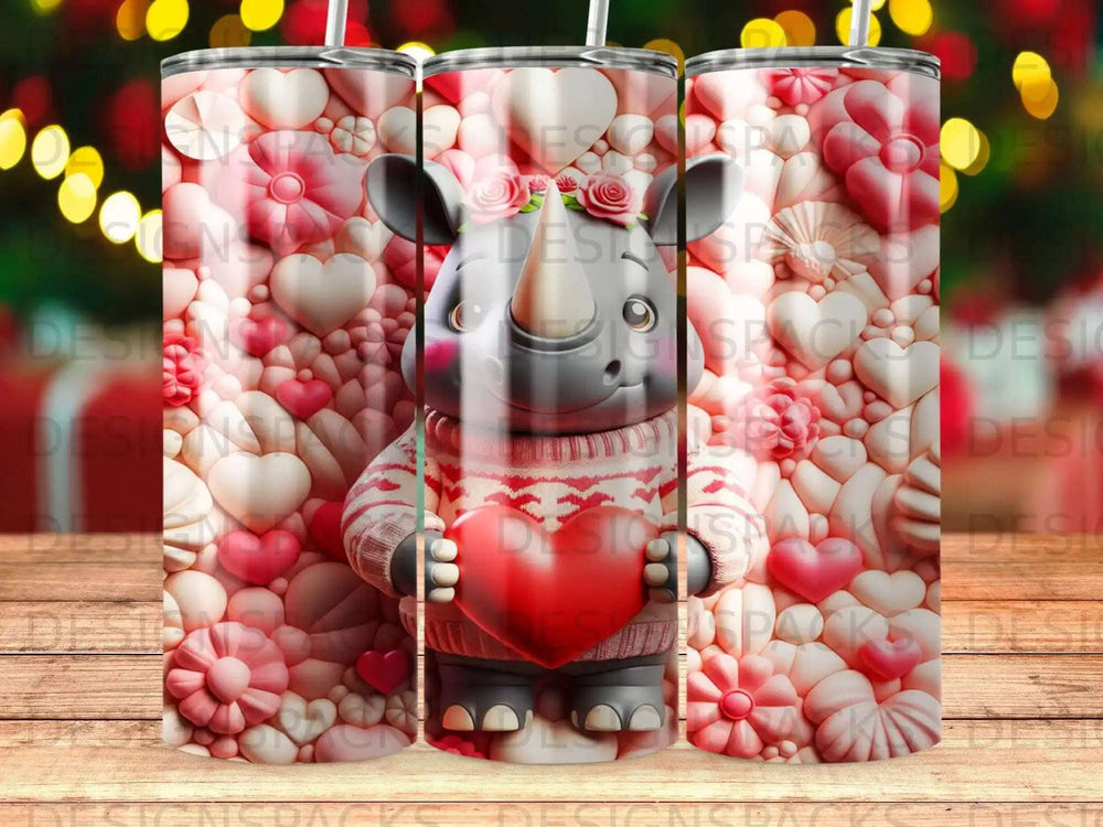 Cute rhino in a sweater holding a heart, surrounded by hearts and flowers.