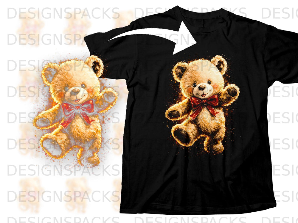 Black t-shirt with a watercolor illustration of a teddy bear wearing a red bow.