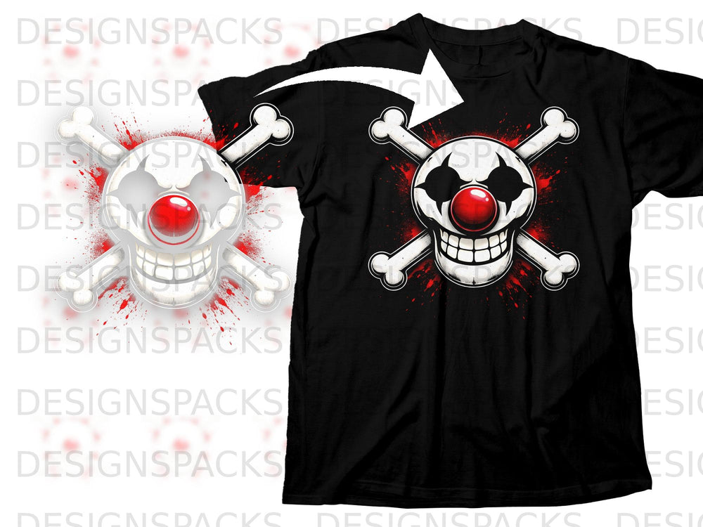 Black t-shirt with a white clown skull and crossbones graphic with red splatters.