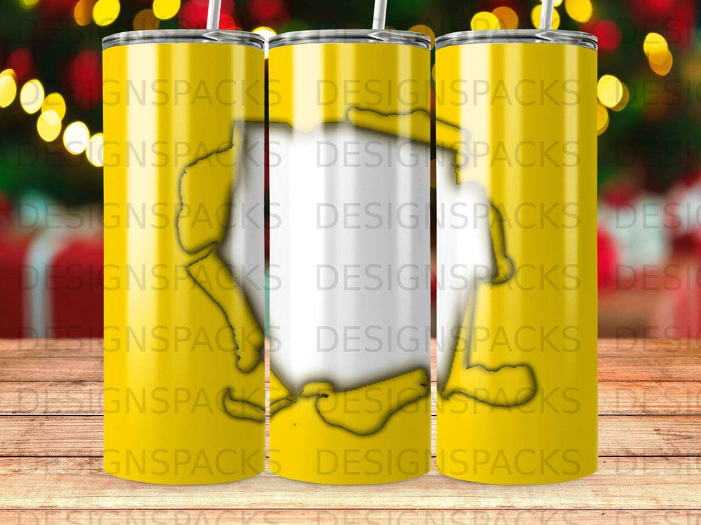 Three yellow tumblers with a repeating "DESIGNSPACKS" watermark.