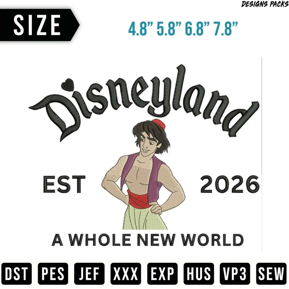 Disneyland Est 2026 embroidery design featuring Aladdin.
