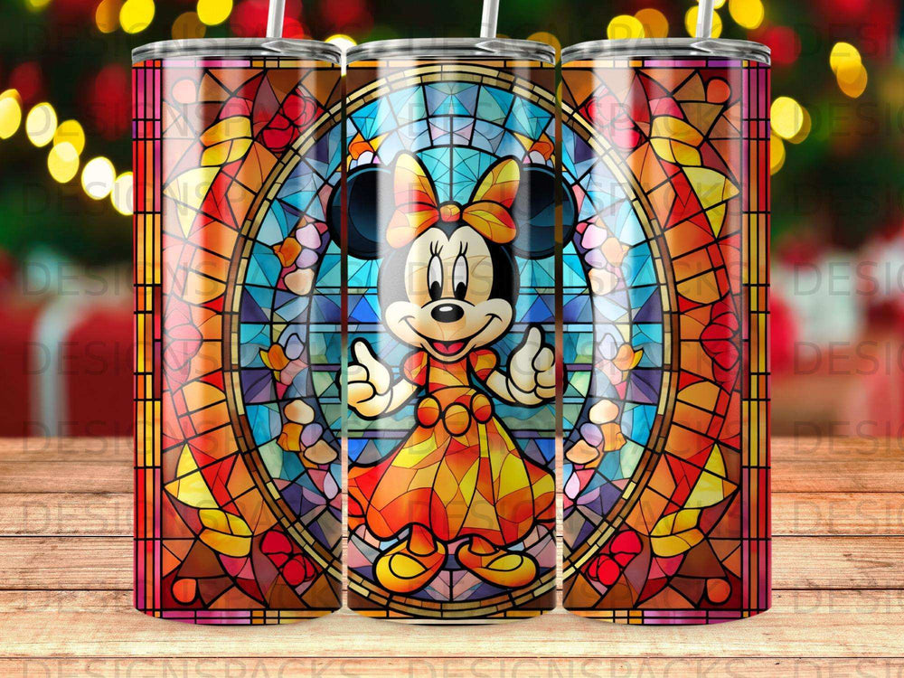 Minnie Mouse in stained glass pattern on a tumbler.