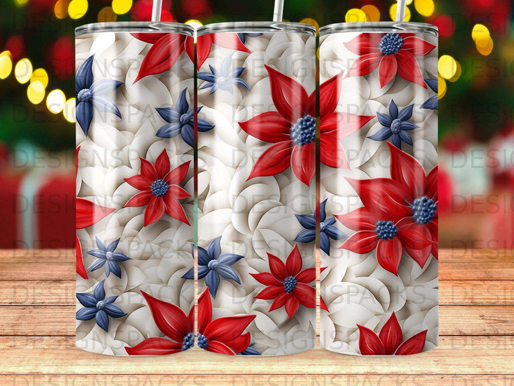 Tumbler with red and blue floral pattern and bokeh background.