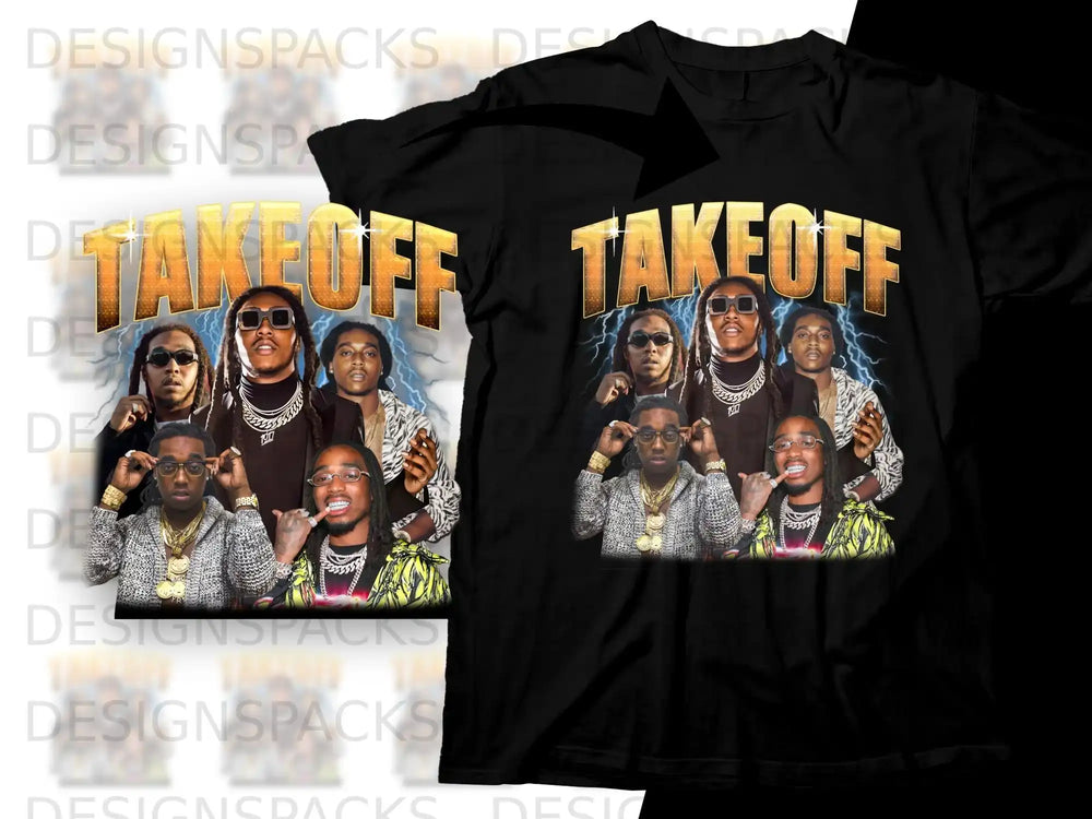 Takeoff album art on a black t-shirt, featuring the artist with chains and sunglasses.