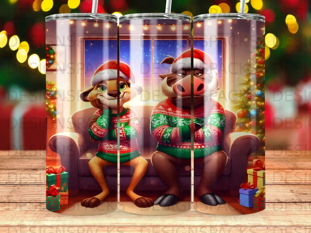 Lion and warthog in ugly Christmas sweaters sit on a couch.