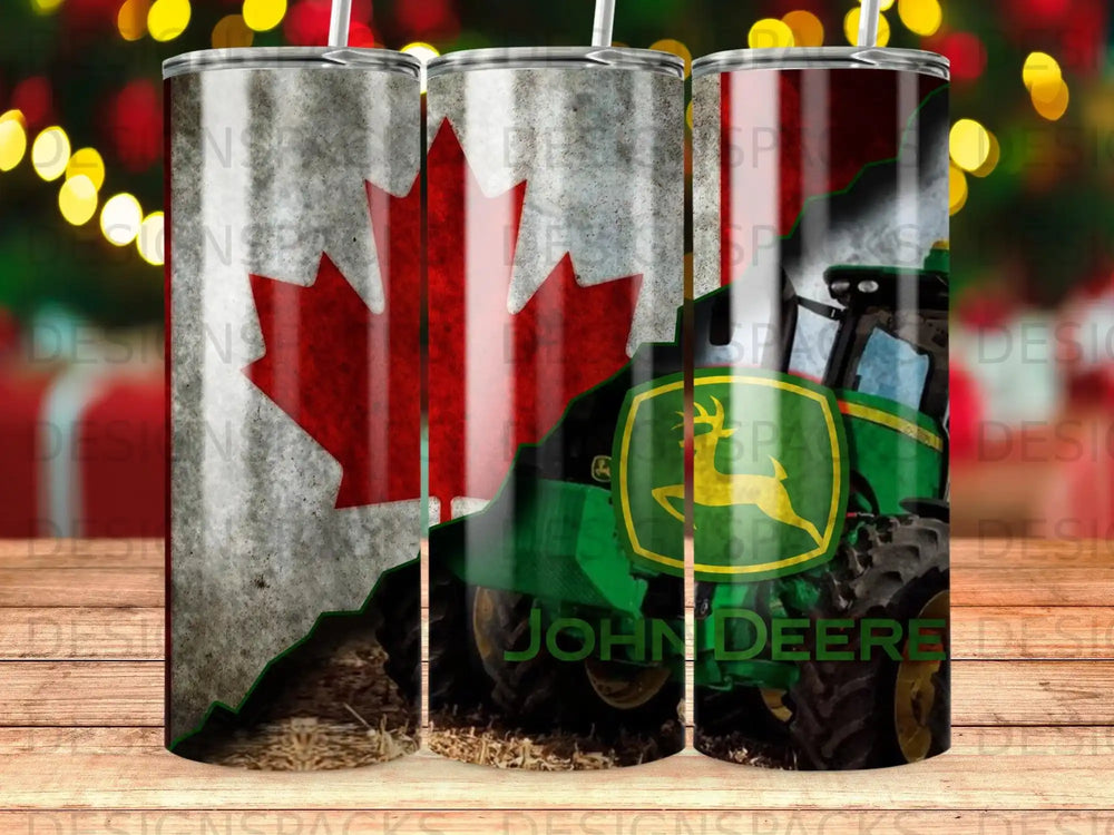 John Deere tractor and Canadian flag design on a tumbler.