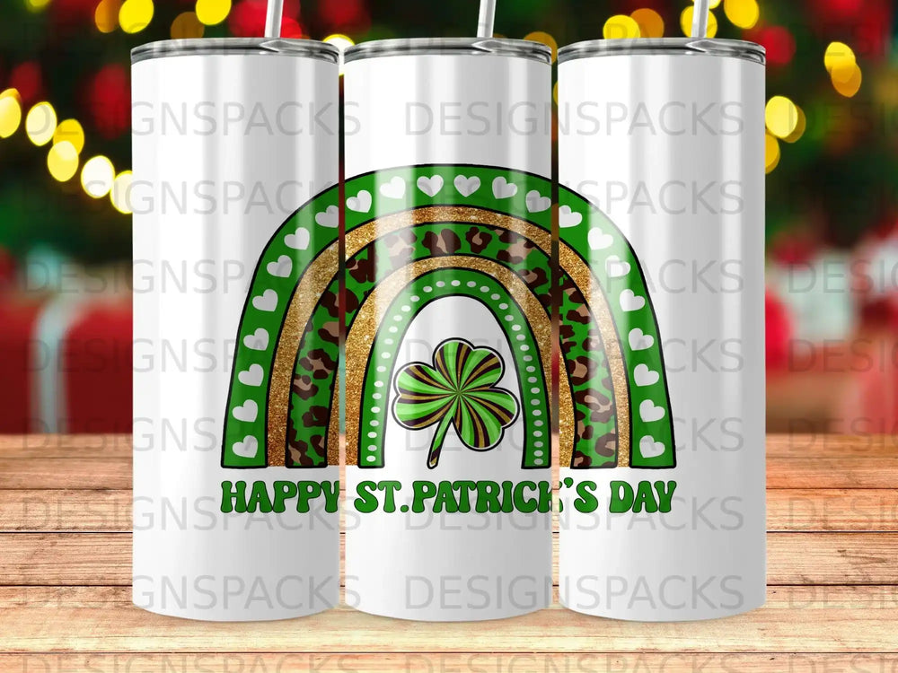 Green rainbow with shamrock and "Happy St. Patrick's Day" text.