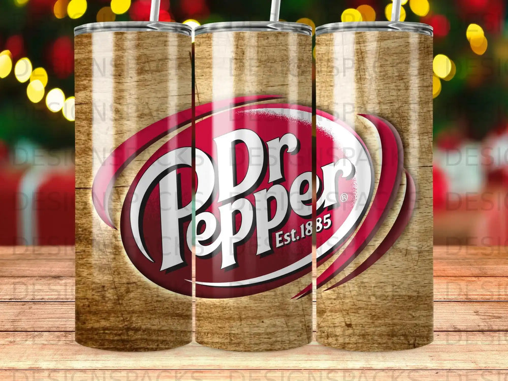 Dr Pepper logo on a wood-grain tumbler with bokeh background lights.