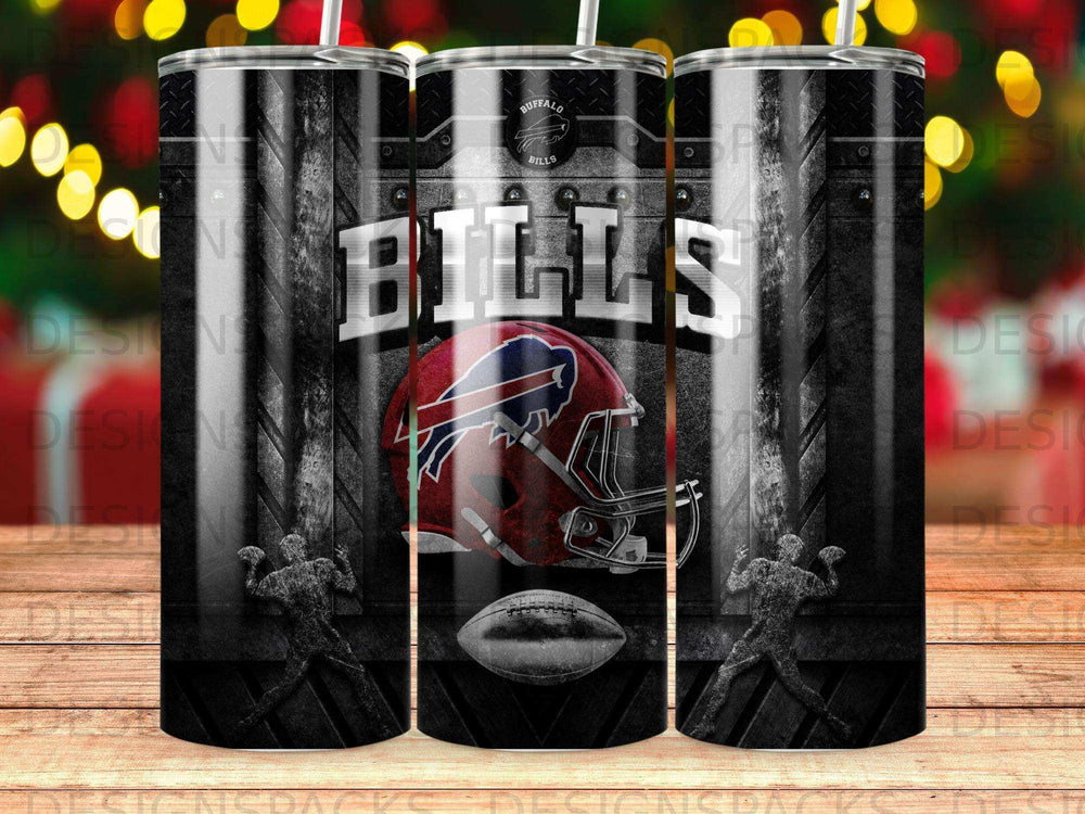 Buffalo Bills helmet and football on a black distressed background.