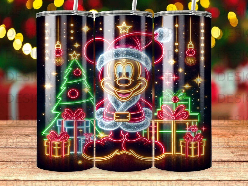 Mickey Mouse in Santa costume surrounded by neon Christmas lights and gifts.