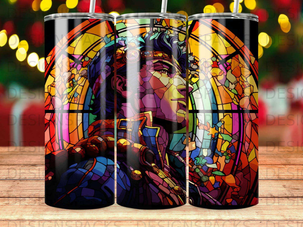 Stained glass design of a man with purple hair and ornate armor.