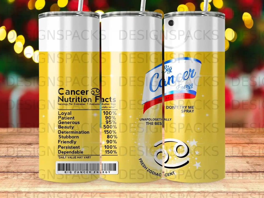 Cancer zodiac sign tumbler with nutrition facts and "Big Cancer Energy" text.