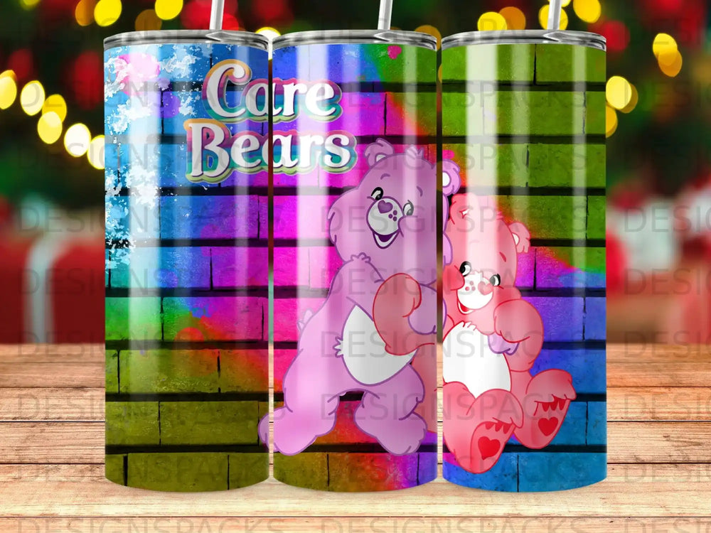 Care Bears on a colorful brick background.