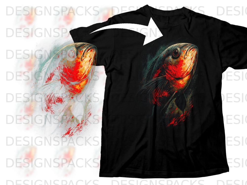 Black t-shirt featuring a vibrant, detailed graphic of a red and orange fish.