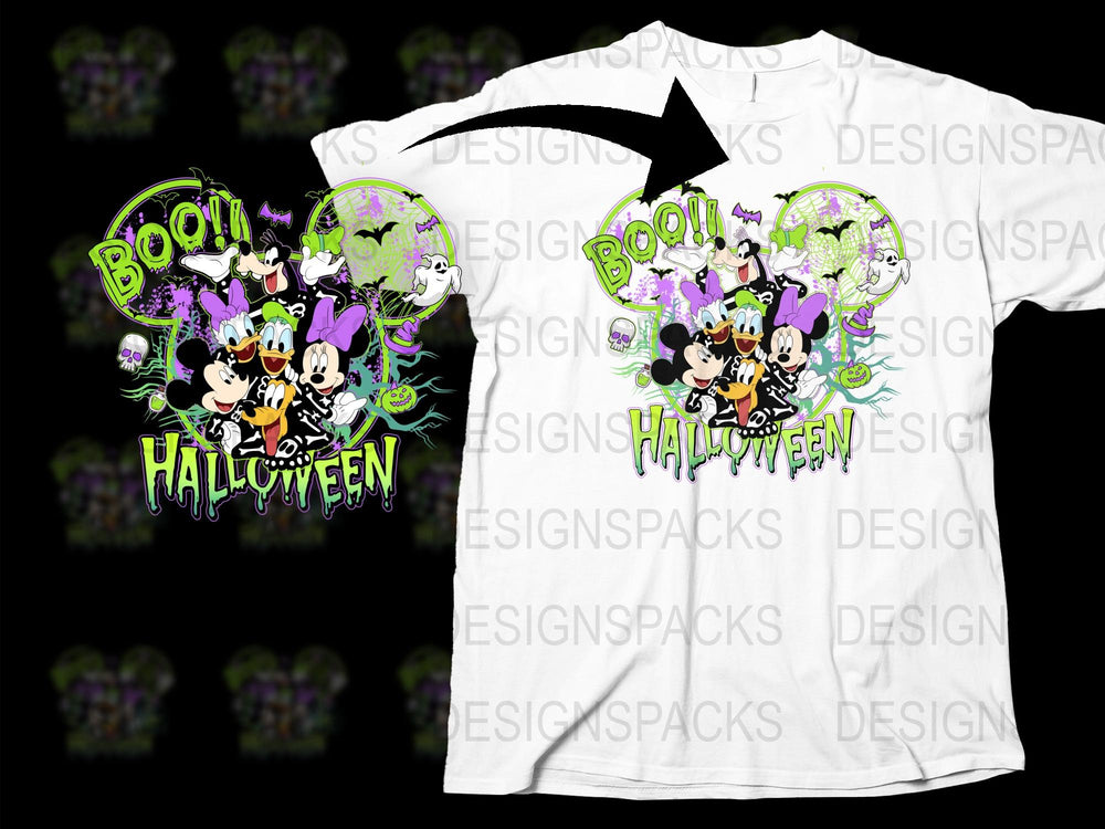 Halloween Themed T-Shirt with Cartoon Characters Ghosts Pumpkins Boo Design White Tee