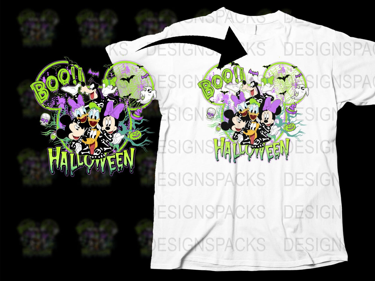 Halloween Themed T-Shirt with Cartoon Characters Ghosts Pumpkins Boo Design White Tee