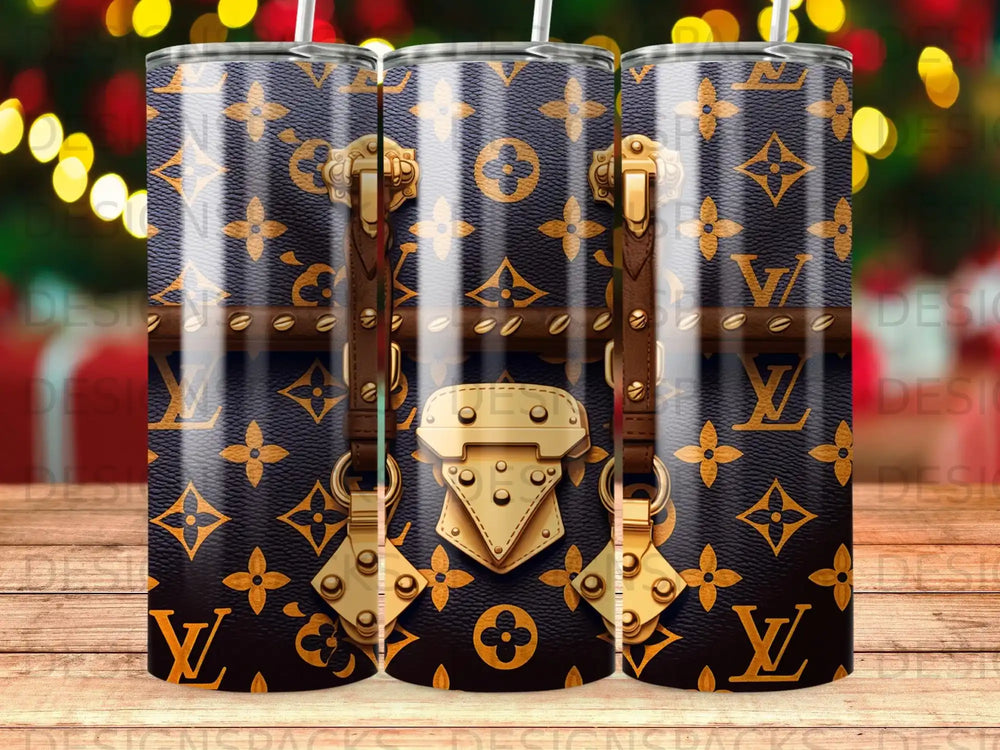 LV monogram tumbler with gold hardware and leather straps.