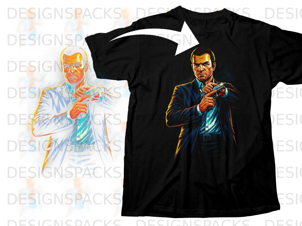 Illustration of man in suit holding gun on black t-shirt
