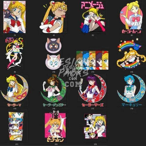 Sailor Moon anime character designs for DTF, DTG, embroidery, and tumbler wraps, featuring vibrant art styles.
