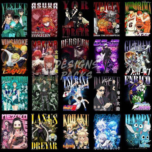 Anime t-shirt designs bundle: DTF/DTG print-ready PNGs for merch, featuring popular series like Evangelion, Berserk, and My Hero Academia