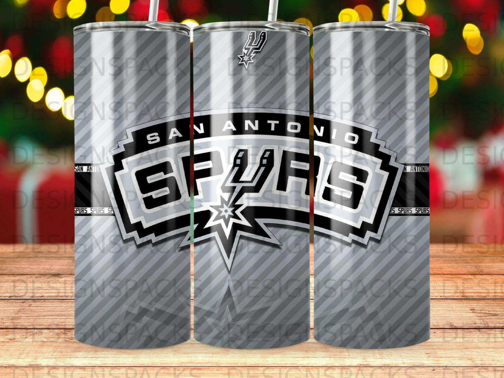 San Antonio Spurs logo and wordmark on a metallic tumbler design.