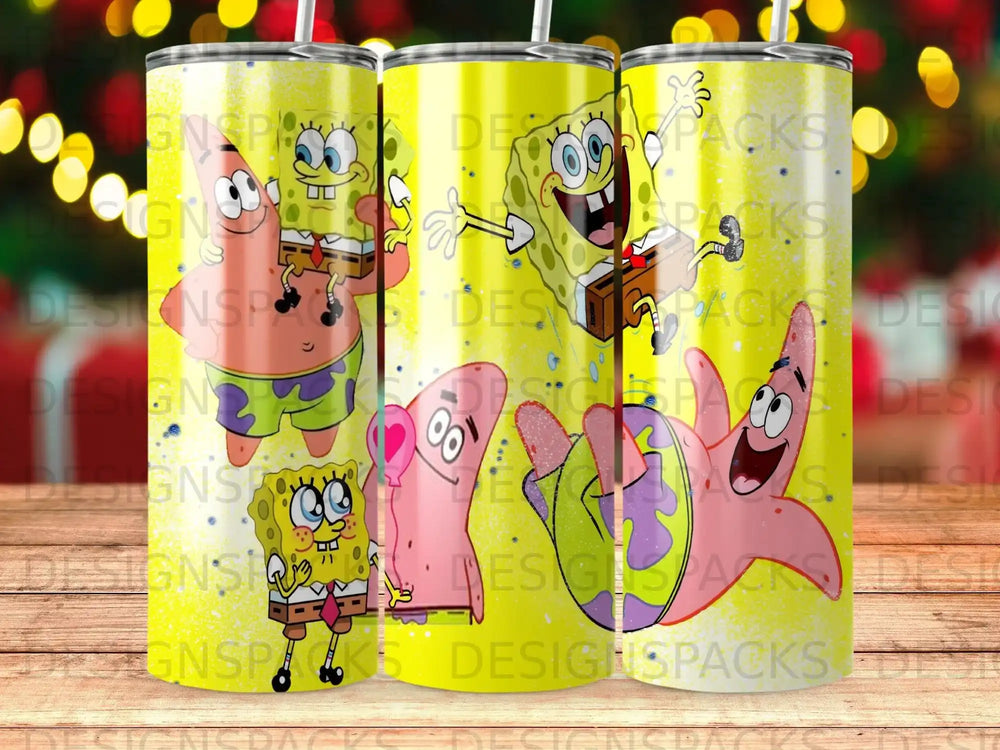 SpongeBob SquarePants characters on a yellow background with purple accents.