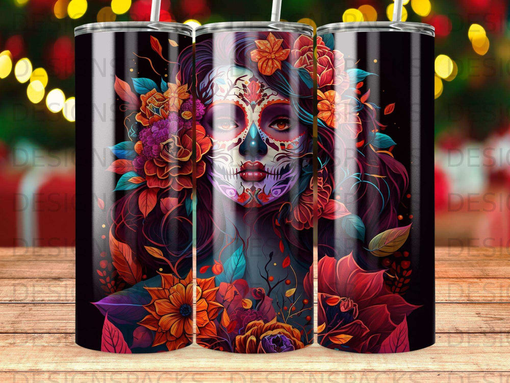 Sugar skull woman with colorful flowers and leaves on a black background.