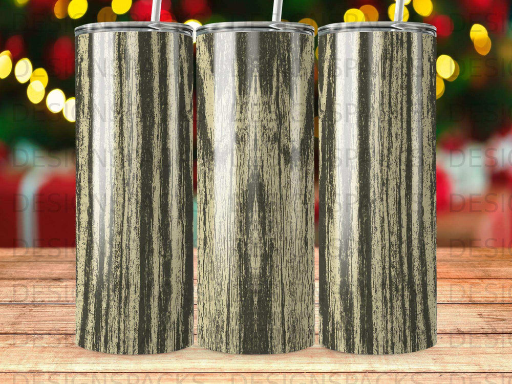 Tall tumbler with wood grain texture and bokeh lights background.