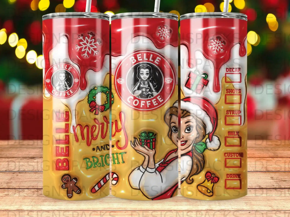 Belle Coffee branded tumbler with Christmas and Disney princess imagery.