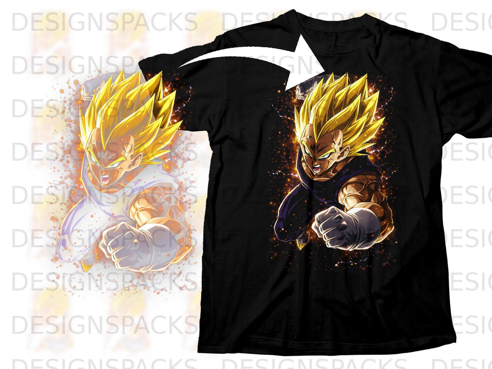 Black t-shirt with anime character Vegeta in an action pose.