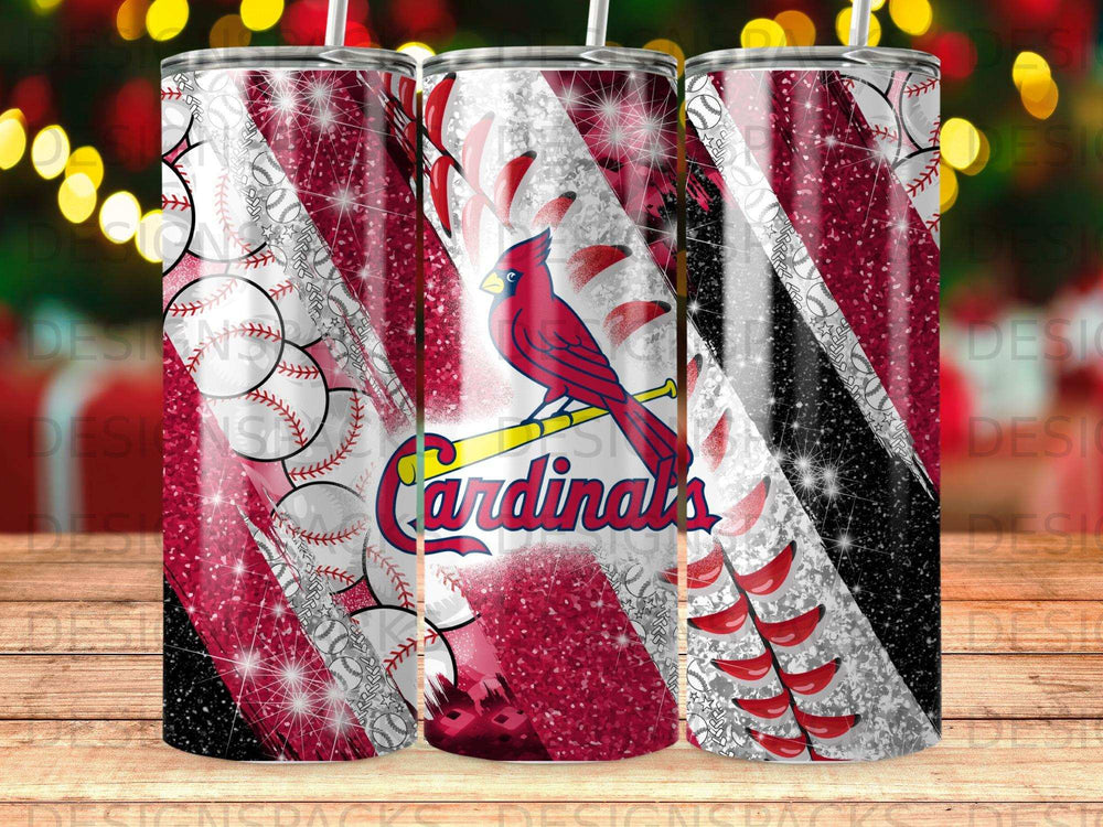 St. Louis Cardinals baseball tumbler with glitter and red stripes.