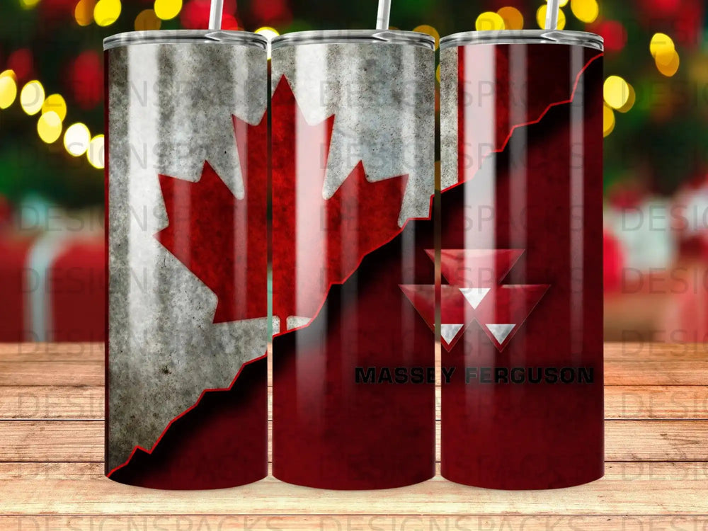 Canadian flag and Massey Ferguson logo on a red tumbler.