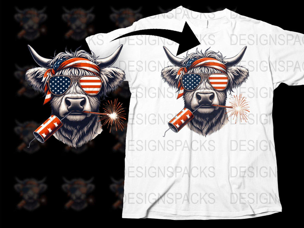 Patriotic Highland Cow T-Shirt with American Flag Sunglasses and Fireworks Design