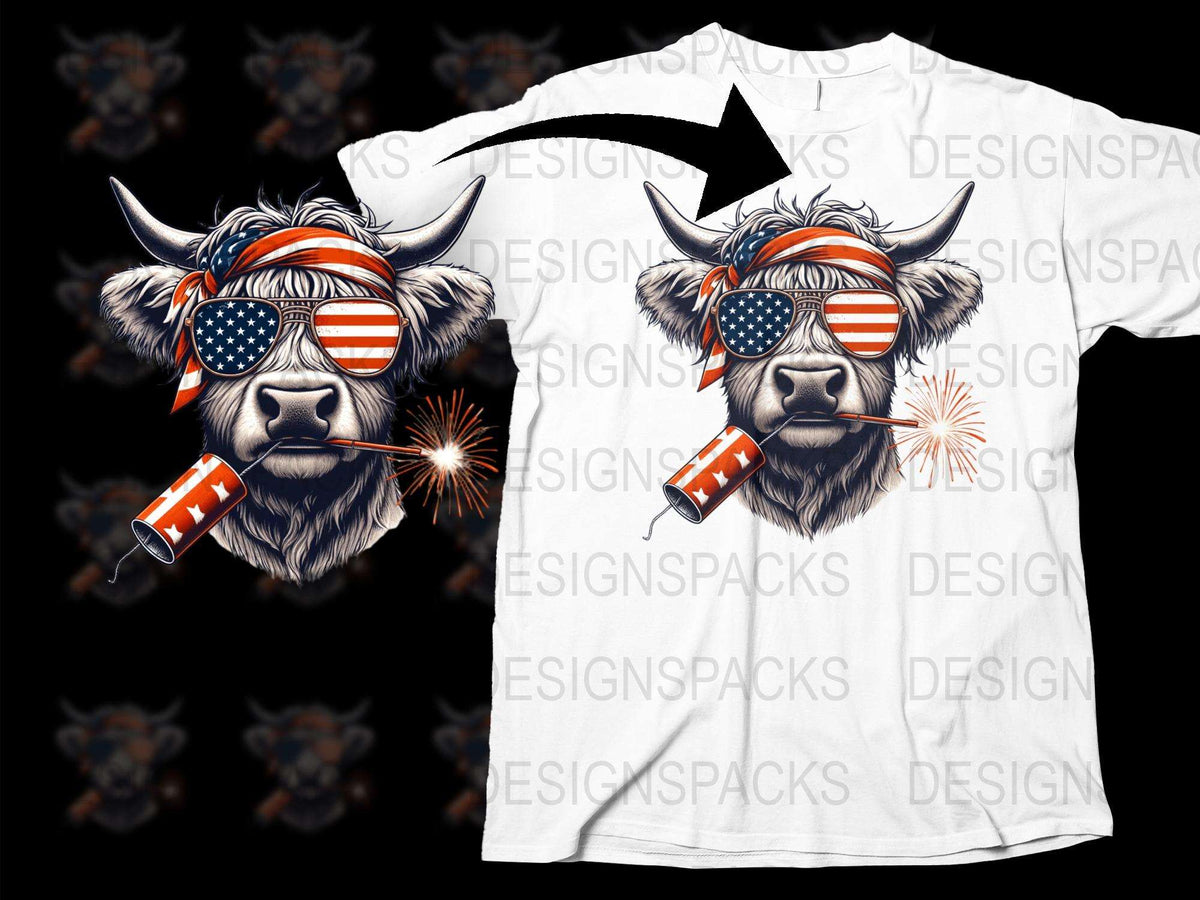 Patriotic Highland Cow T-Shirt with American Flag Sunglasses and Fireworks Design