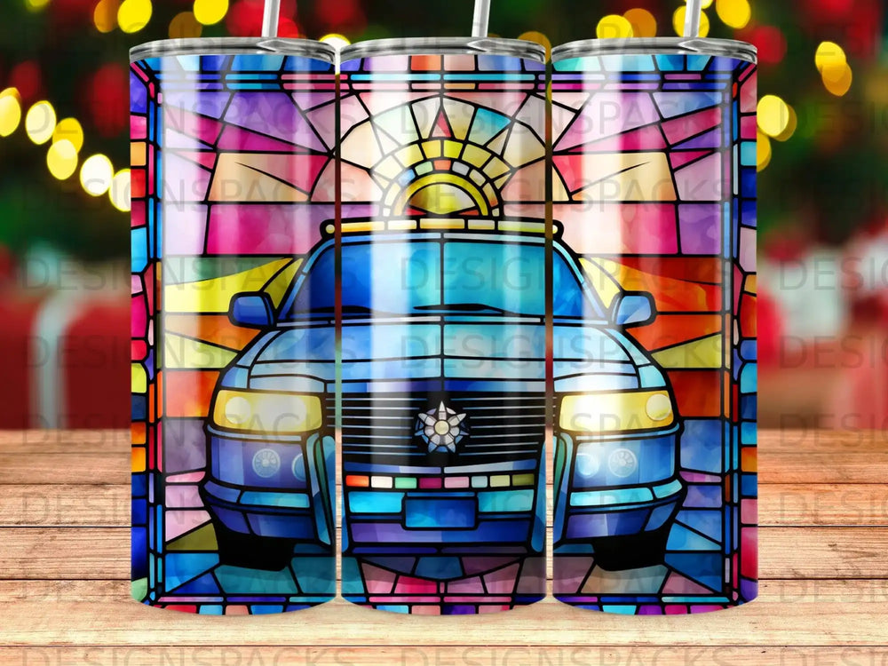 Stained glass design featuring a blue car with headlights on.