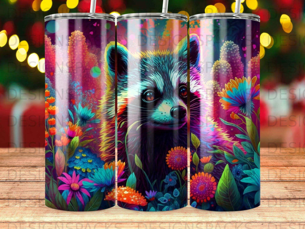 Colorful raccoon with vibrant floral and bokeh background.