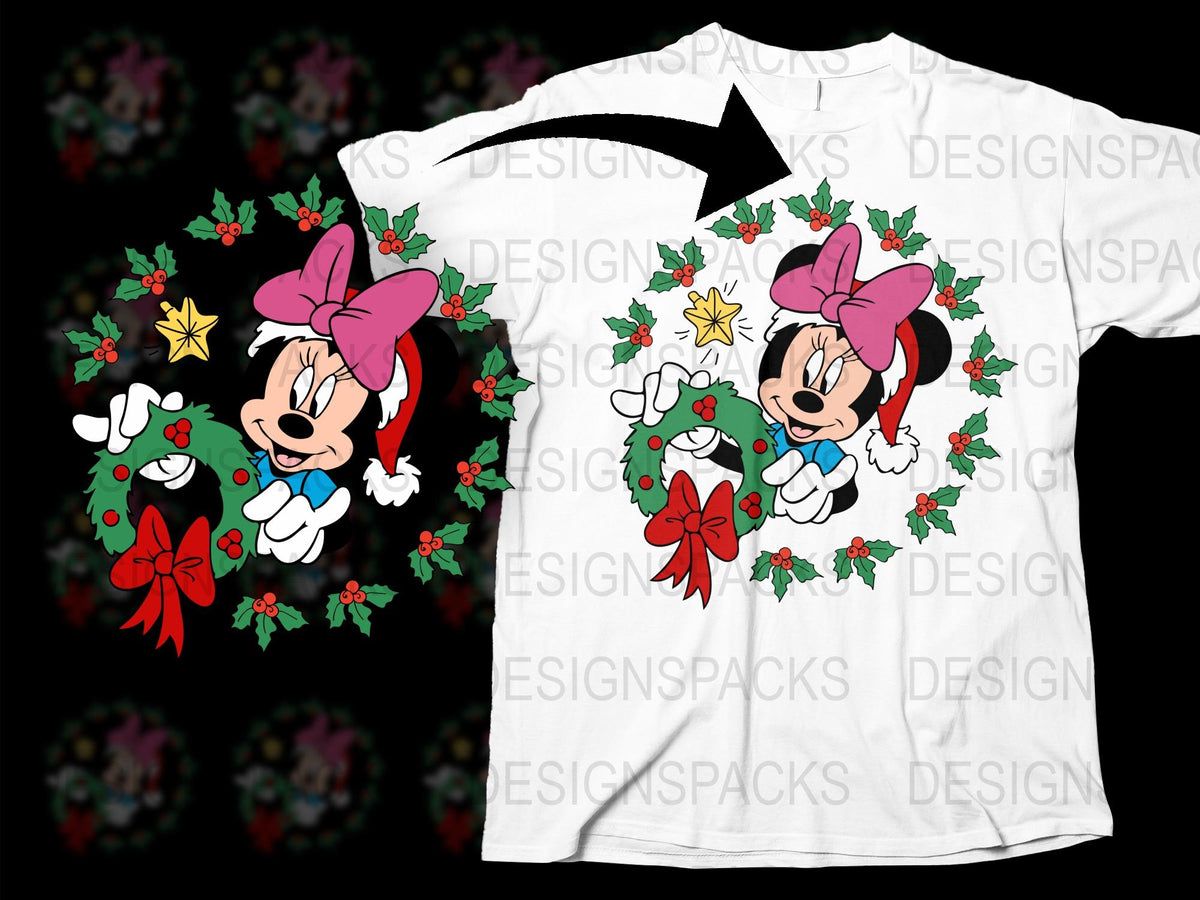 Minnie Mouse Christmas Wreath T-Shirt, Holiday Disney Character Tee, Festive Kids and Adult Apparel