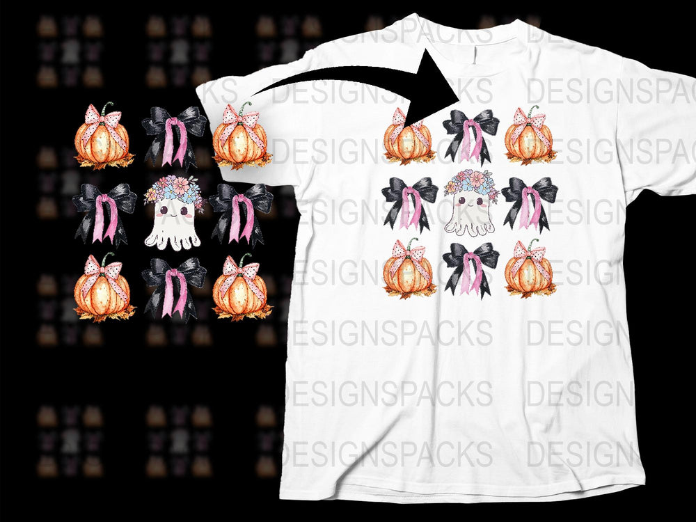 Halloween Pumpkin T-Shirt with Cute Skull and Bows Design, Unisex Adult Casual Wear, Festive Fall Tee