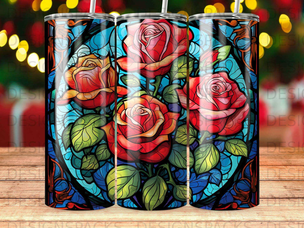 Stained glass tumbler with red roses and green leaves.
