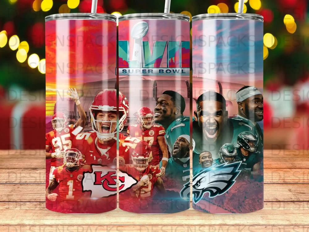 Super Bowl LVII tumbler with Chiefs and Eagles players.