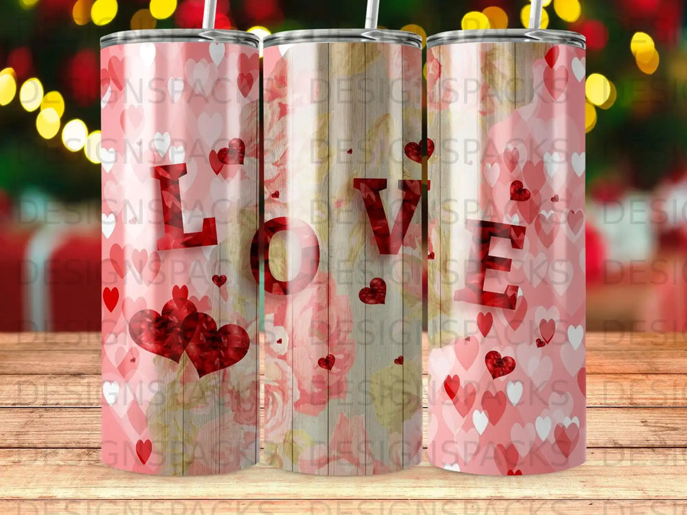 Valentine's Day tumbler wrap with red hearts, "LOVE" text, and floral accents.